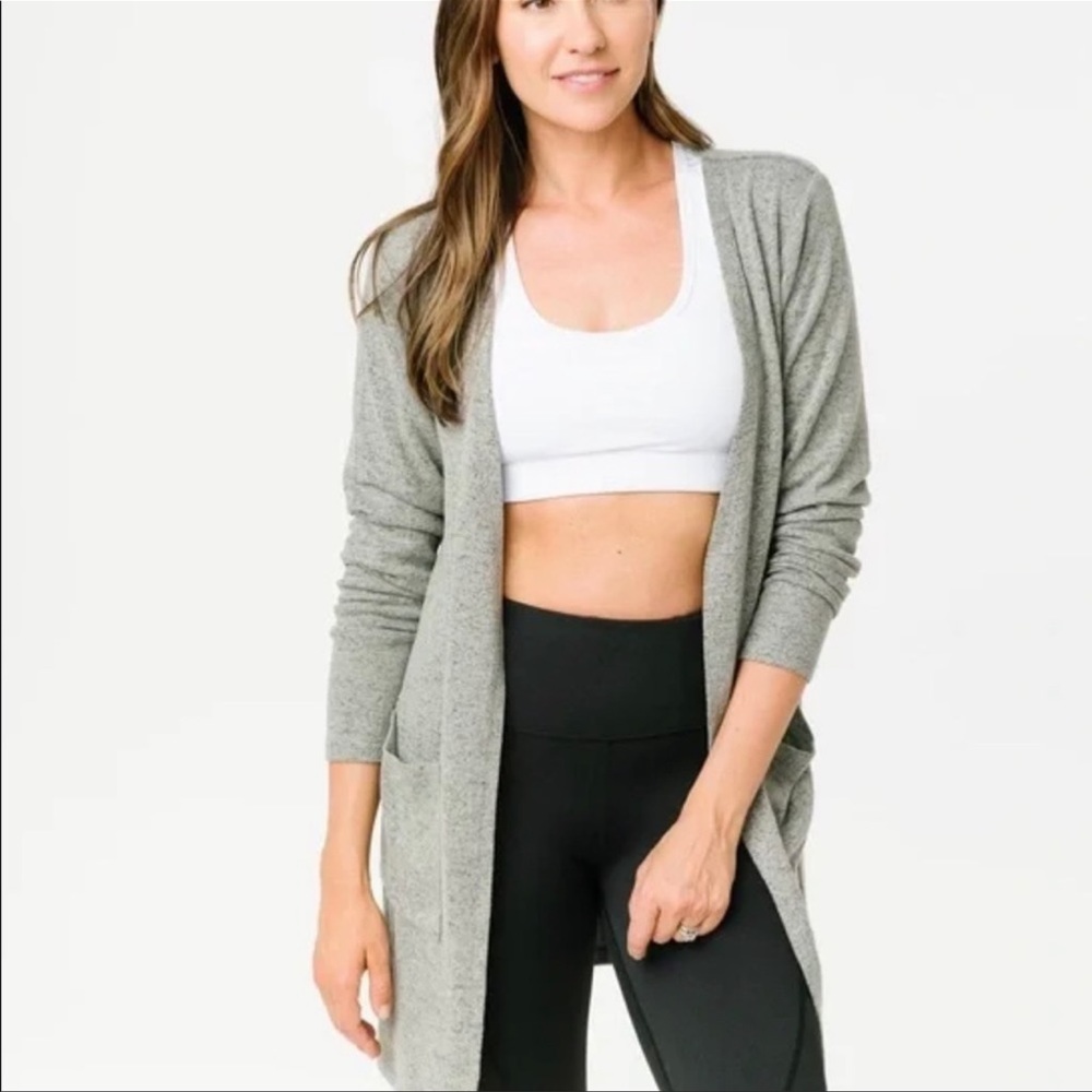 Zyia Active Lounge Boyfriend Cardigan Open Front Pockets Army Green XXXL